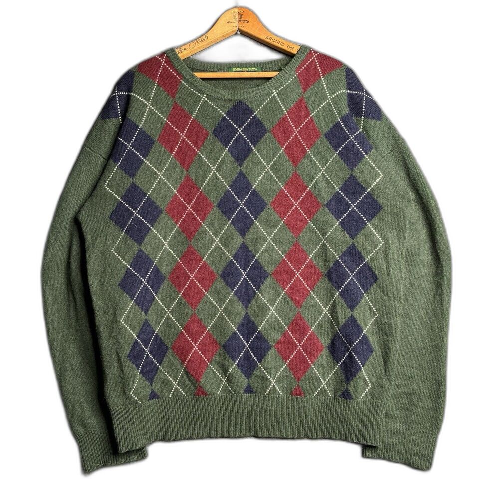 Vtg Golf Argyle Diamond EMBASSY ROW 2-Ply Cashmere Men's XL Sweater